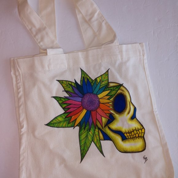 Handmade Tote Bag With Hand Painted Skull and Rainbow Sunflower 14x13x7 in - Picture 1 of 16